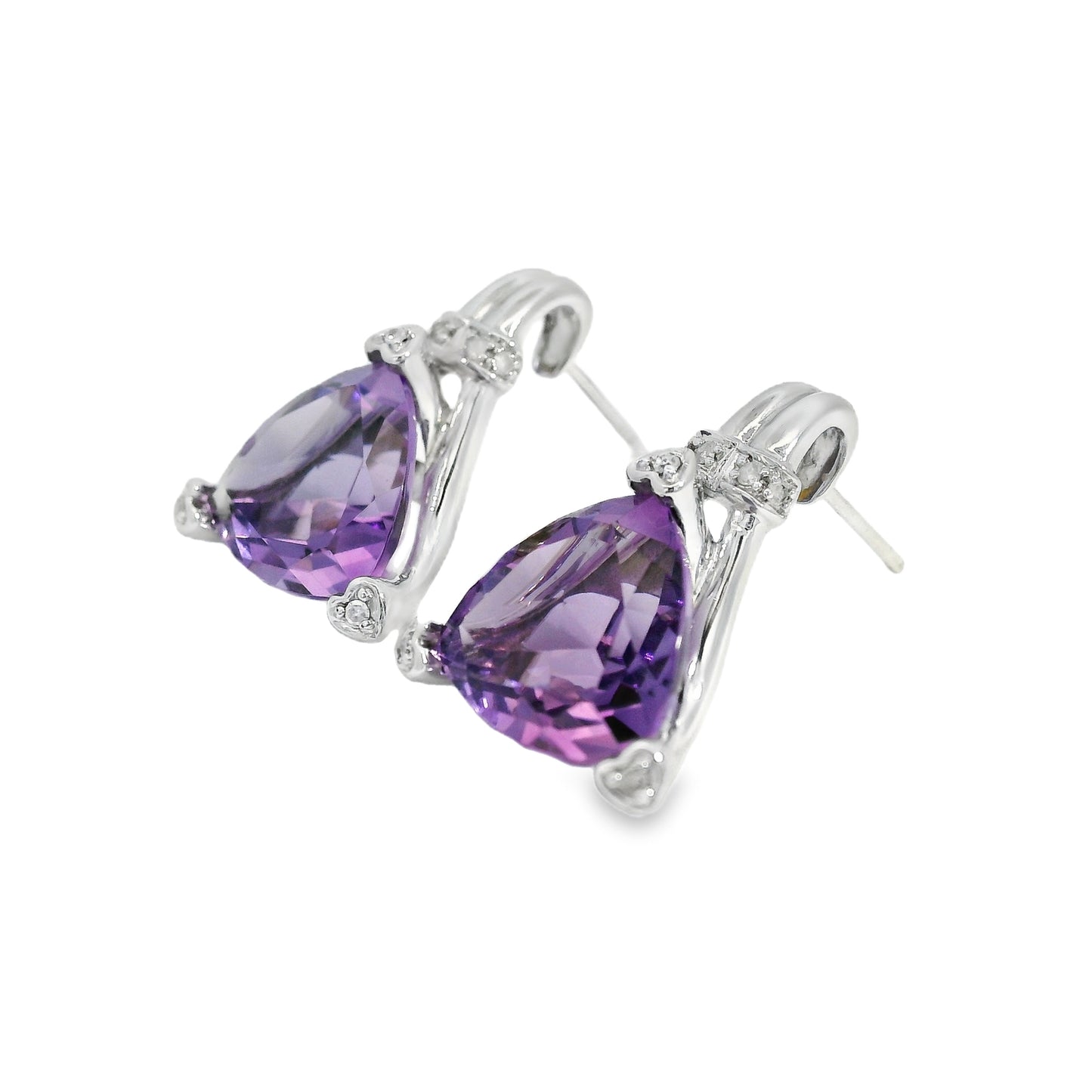 10k White Gold Trillion-Cut Amethyst Drop Set with 3 Heart Prongs Earrings