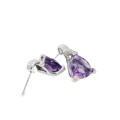 10k White Gold Trillion-Cut Amethyst Drop Set with 3 Heart Prongs Earrings
