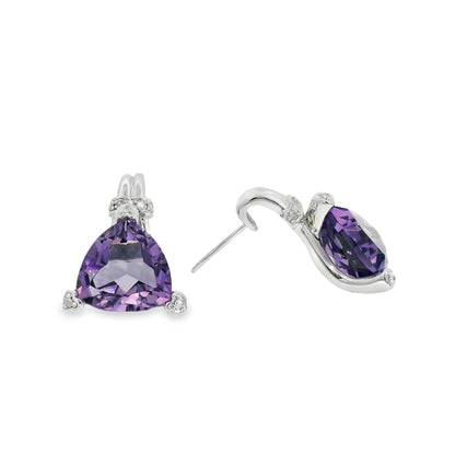 10k White Gold Trillion-Cut Amethyst Drop Set with 3 Heart Prongs Earrings