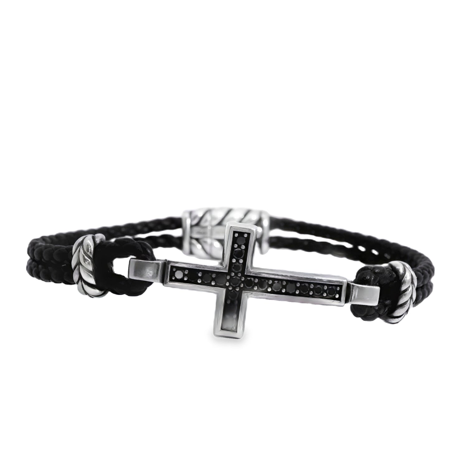 David Yurman Sterling Silver Cross Station Leather Bracelet