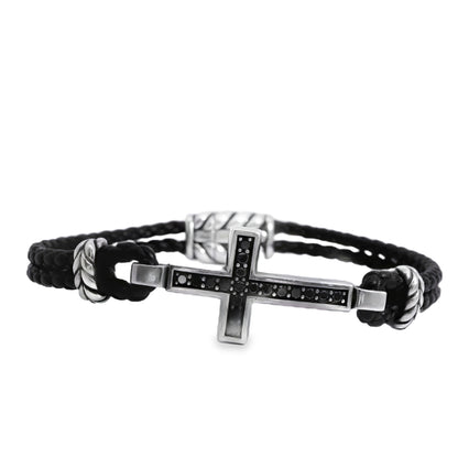 David Yurman Sterling Silver Cross Station Leather Bracelet