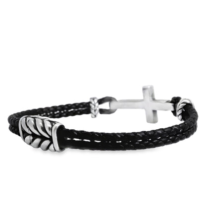 David Yurman Sterling Silver Cross Station Leather Bracelet