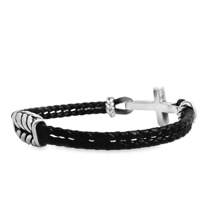 David Yurman Sterling Silver Cross Station Leather Bracelet