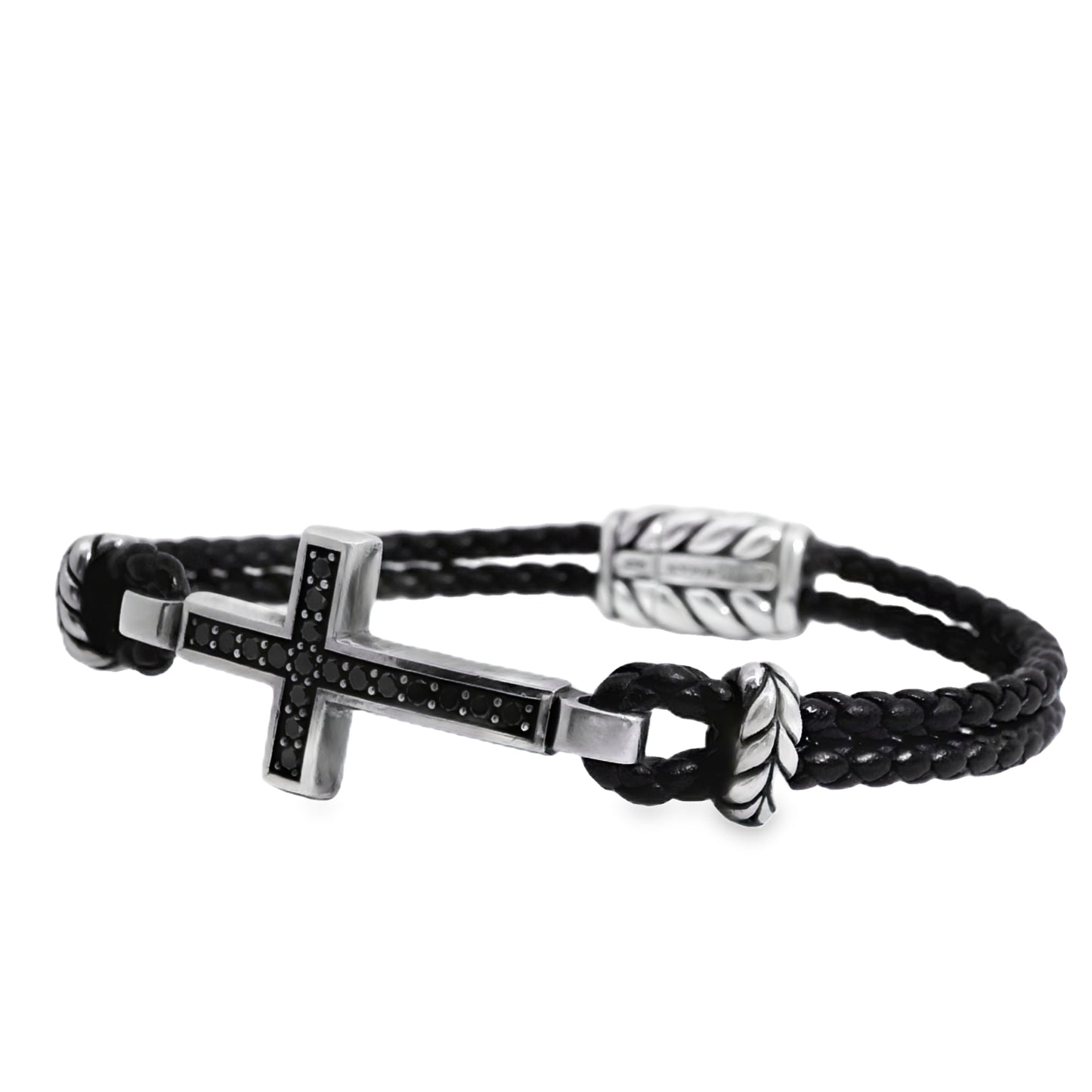 David Yurman Sterling Silver Cross Station Leather Bracelet