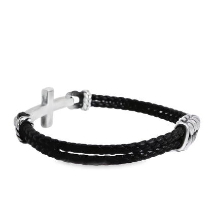David Yurman Sterling Silver Cross Station Leather Bracelet