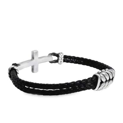 David Yurman Sterling Silver Cross Station Leather Bracelet