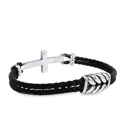 David Yurman Sterling Silver Cross Station Leather Bracelet