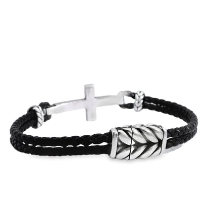 David Yurman Sterling Silver Cross Station Leather Bracelet