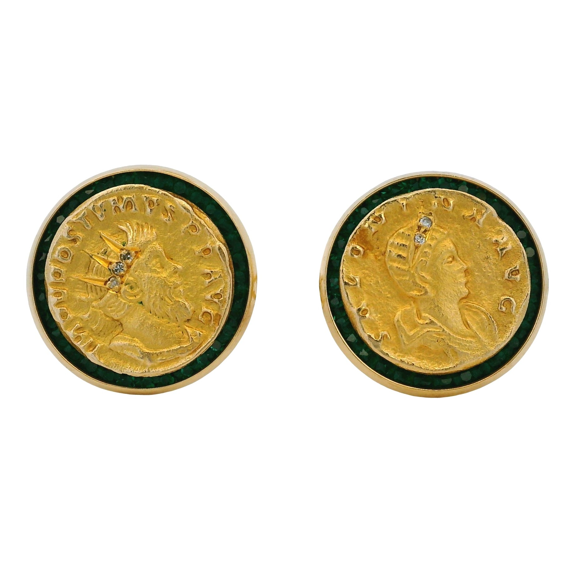 14k Yellow Gold and Emerald Coin Cufflinks