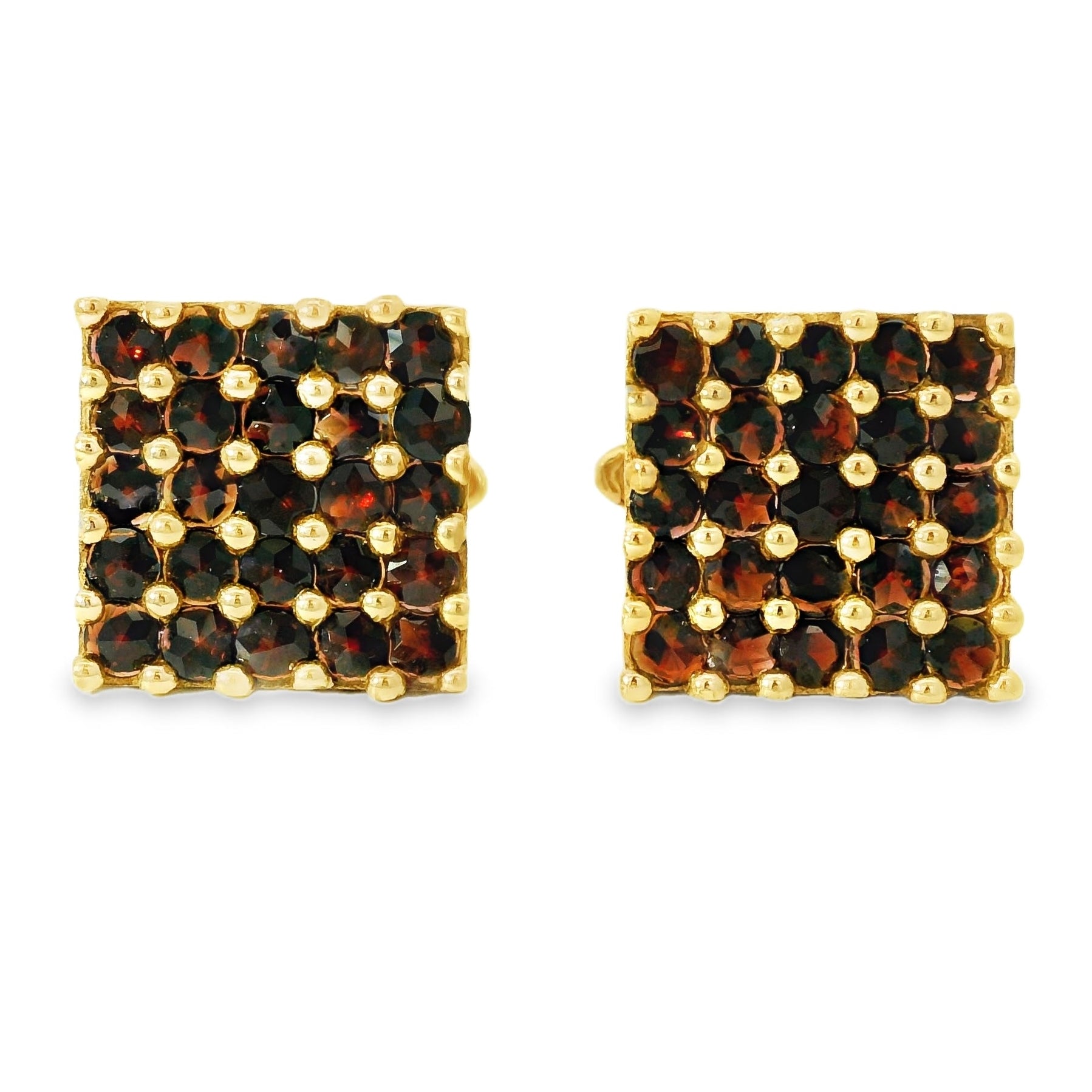 Gold square earrings with embedded brown gemstones on a white background