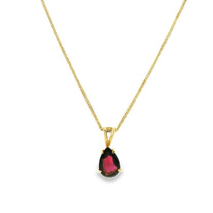 14k Yellow Gold Vintage Pear Shape Rhodolite Red Garnet Pendant Necklace