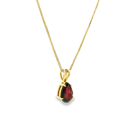 14k Yellow Gold Vintage Pear Shape Rhodolite Red Garnet Pendant Necklace