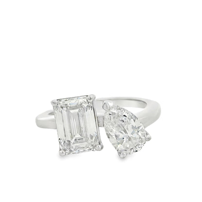 Platinum Natural 2ct Pear Cut and Lab 2ct Emerald Cut Toi Et Moi Engagement Diamond Ring