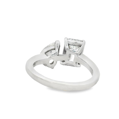 Platinum Natural 2ct Pear Cut and Lab 2ct Emerald Cut Toi Et Moi Engagement Diamond Ring