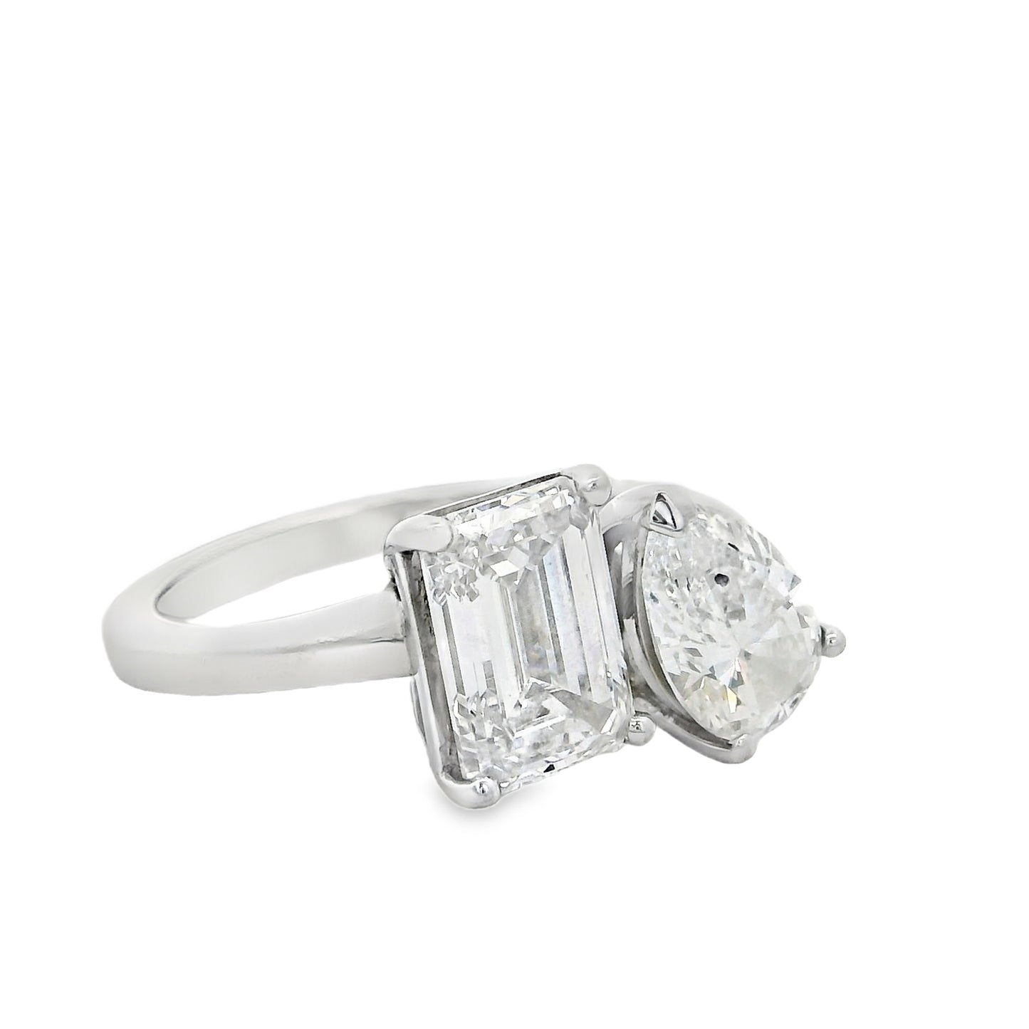 Platinum Natural 2ct Pear Cut and Lab 2ct Emerald Cut Toi Et Moi Engagement Diamond Ring