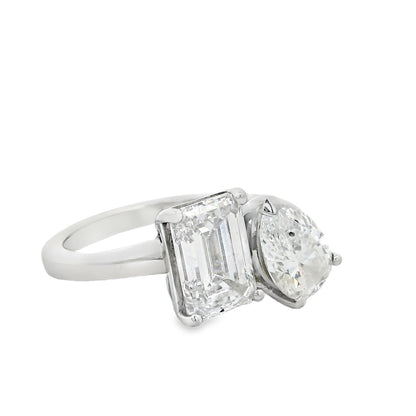 Platinum Natural 2ct Pear Cut and Lab 2ct Emerald Cut Toi Et Moi Engagement Diamond Ring