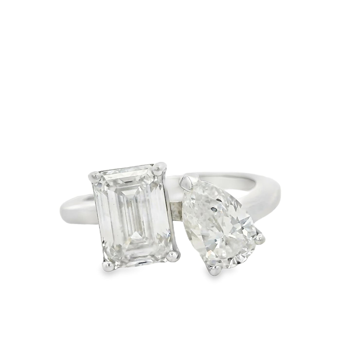 Platinum Natural 2ct Pear Cut and Lab 2ct Emerald Cut Toi Et Moi Engagement Diamond Ring