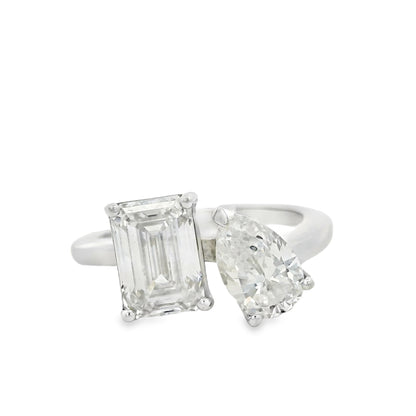 Platinum Natural 2ct Pear Cut and Lab 2ct Emerald Cut Toi Et Moi Engagement Diamond Ring