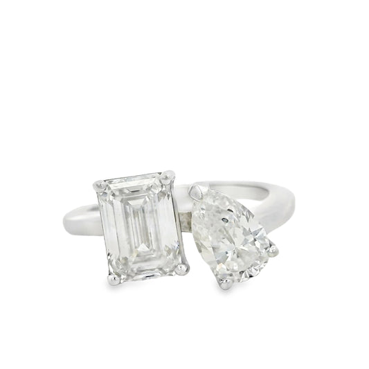 Platinum Natural 2ct Pear Cut and Lab 2ct Emerald Cut Toi Et Moi Engagement Diamond Ring