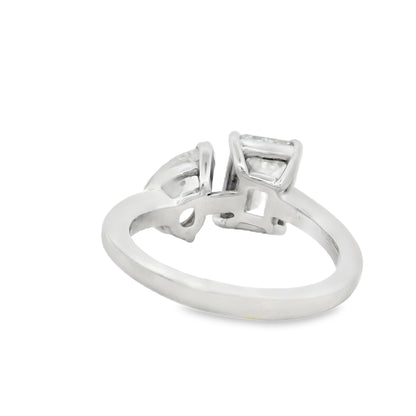 Platinum Natural 2ct Pear Cut and Lab 2ct Emerald Cut Toi Et Moi Engagement Diamond Ring
