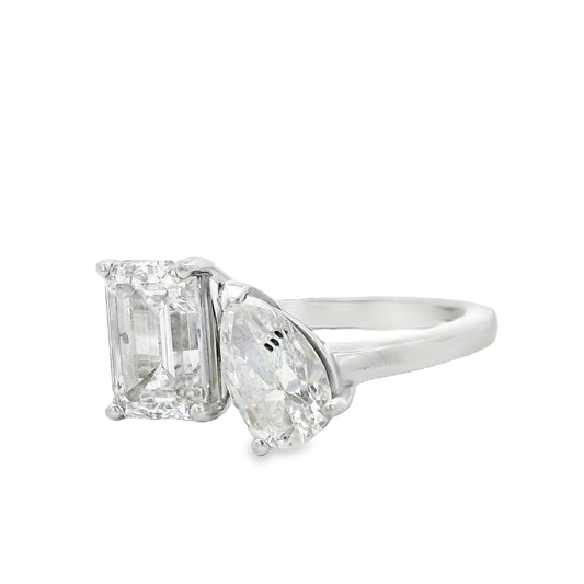 Platinum Natural 2ct Pear Cut and Lab 2ct Emerald Cut Toi Et Moi Engagement Diamond Ring