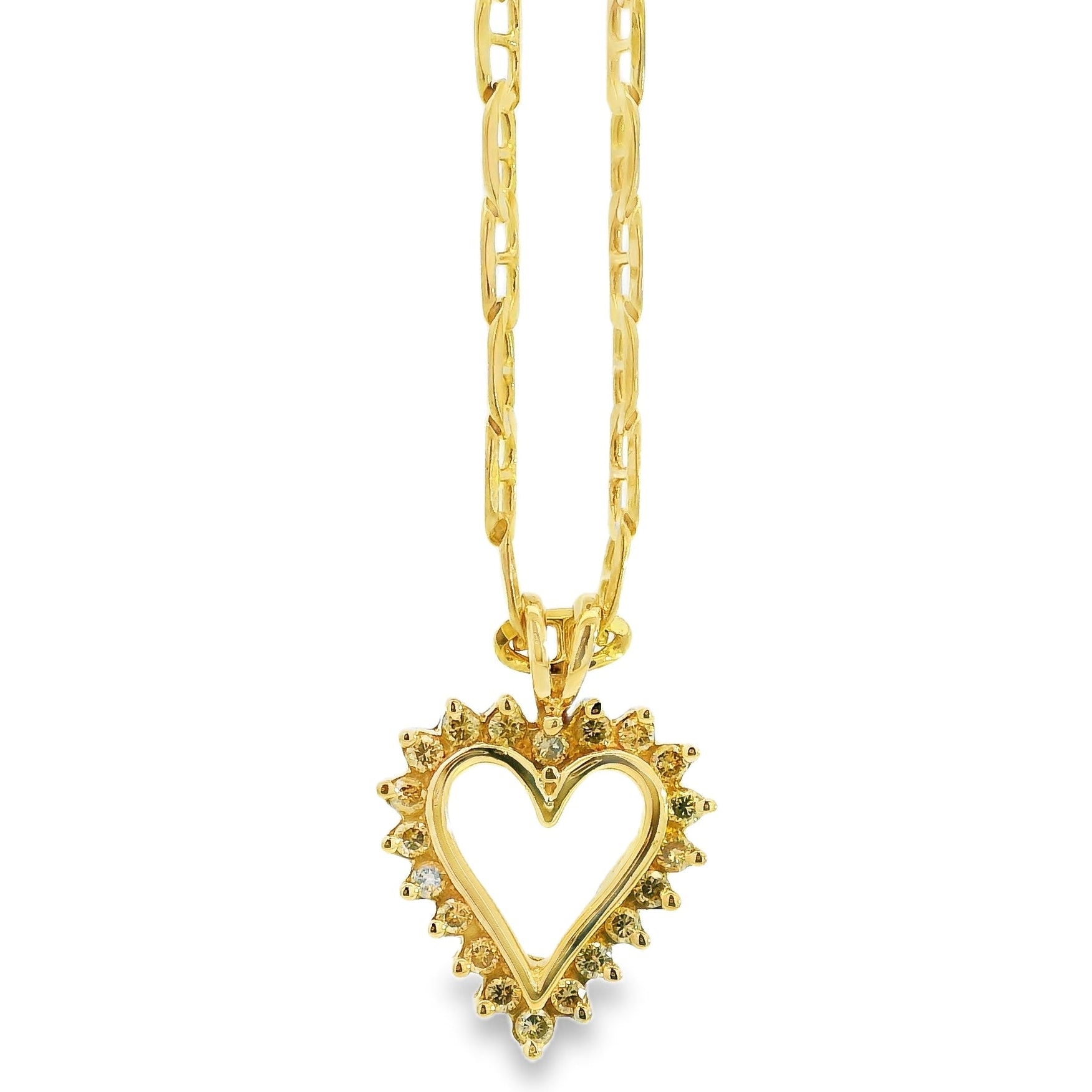 Gold heart-shaped pendant necklace on a white background
