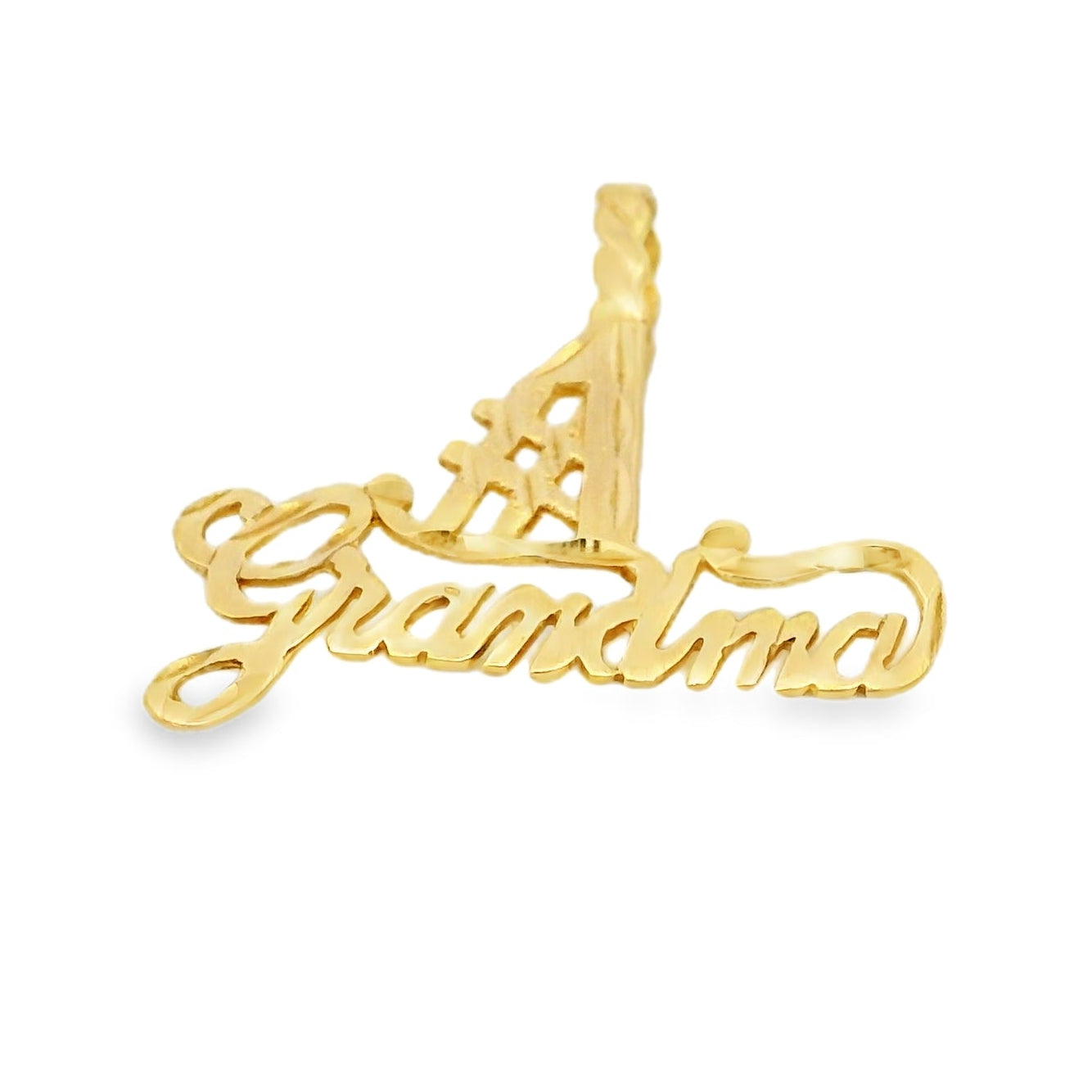 Gold 'it's grandma' pendant on a white background