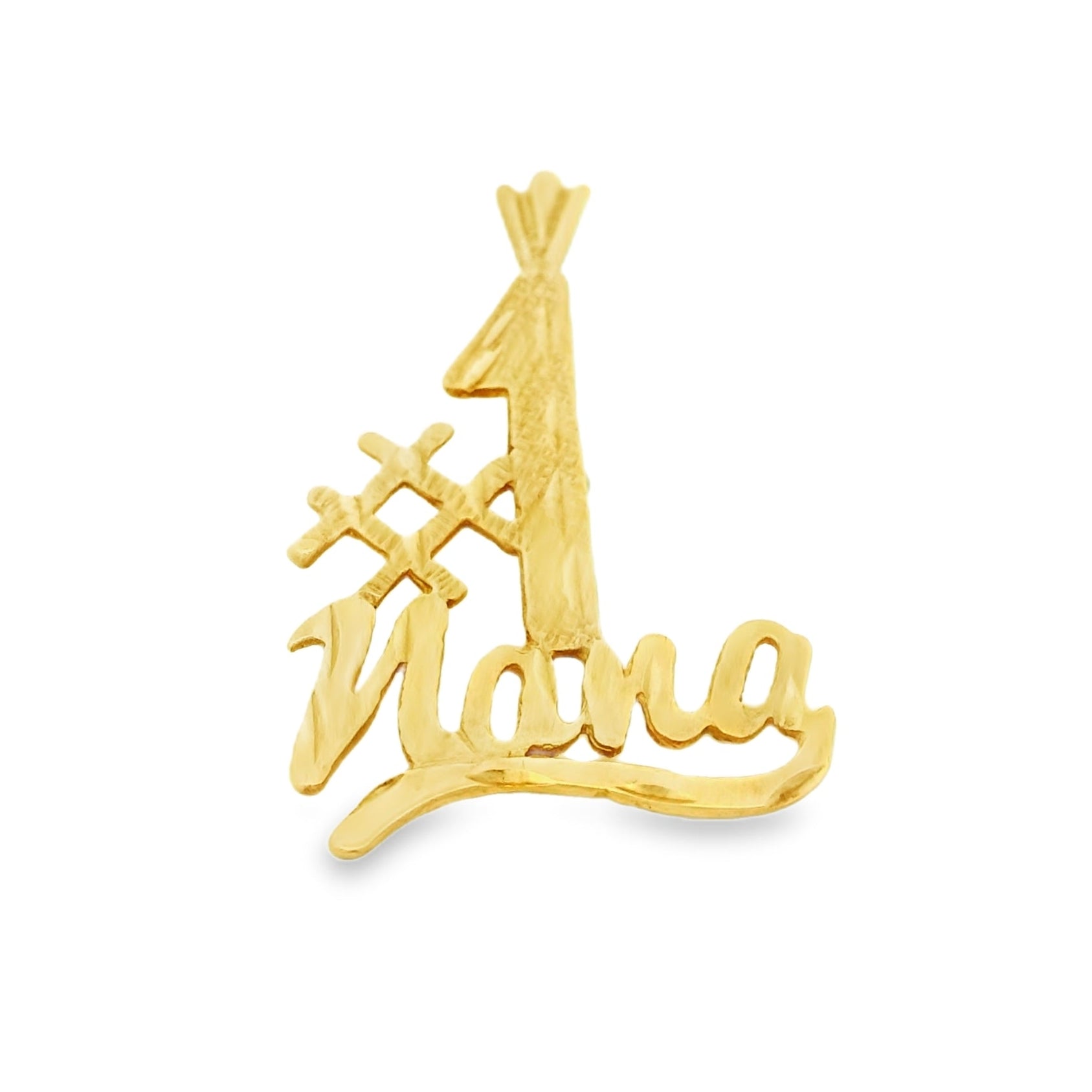 Gold pendant with '#1 Nana' text on a white background