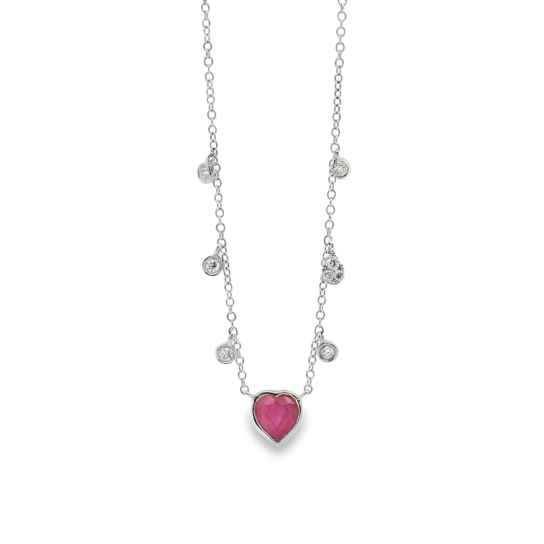 Meirat 14k White Gold With Ruby Heart Surrounded by Small Round Brilliant Diamonds Necklace