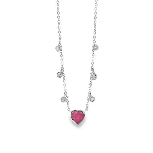 Meirat 14k White Gold With Ruby Heart Surrounded by Small Round Brilliant Diamonds Necklace