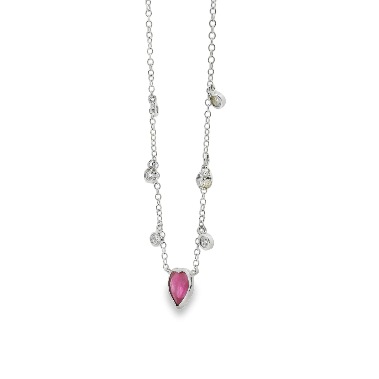 Meirat 14k White Gold With Ruby Heart Surrounded by Small Round Brilliant Diamonds Necklace