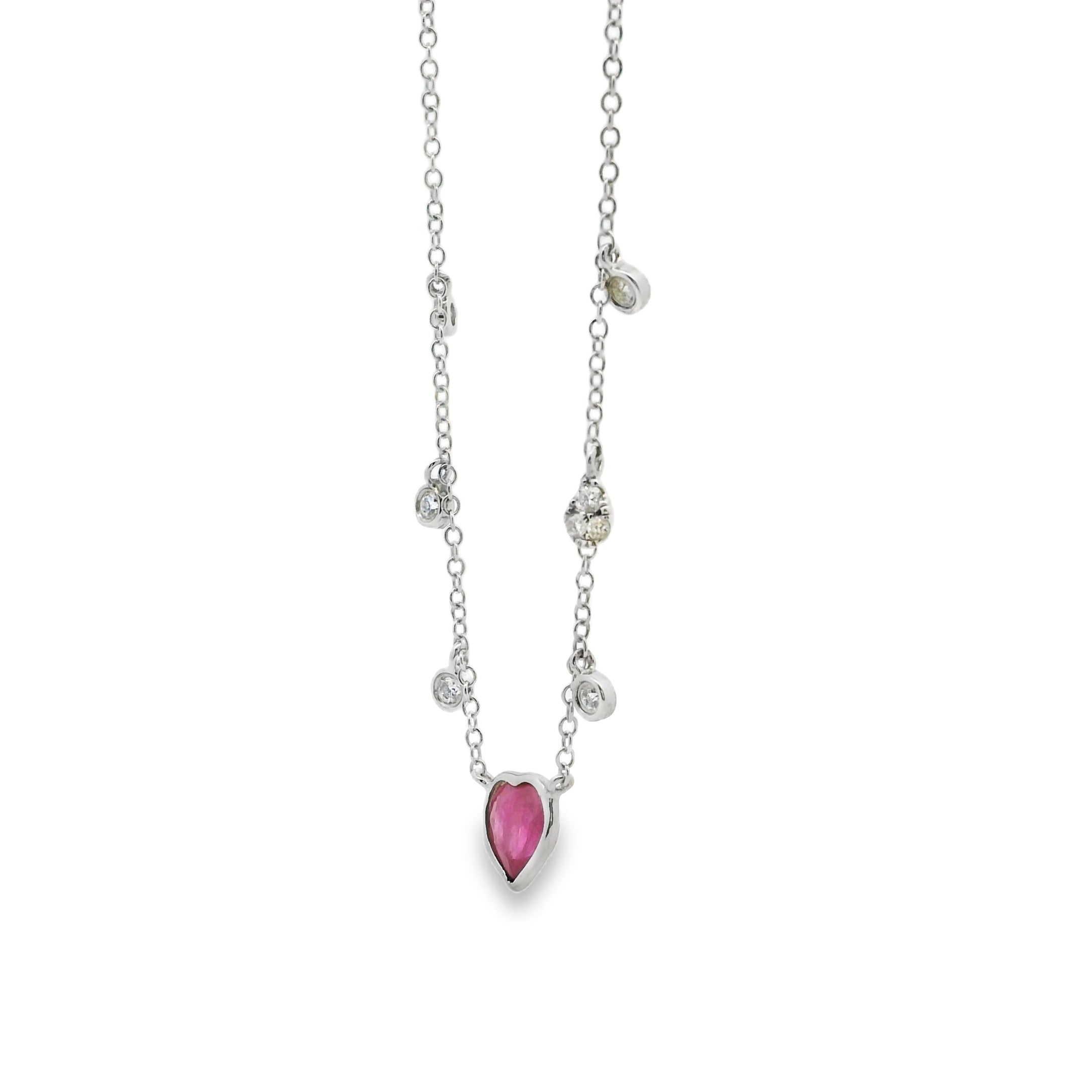 Meirat 14k White Gold With Ruby Heart Surrounded by Small Round Brilliant Diamonds Necklace