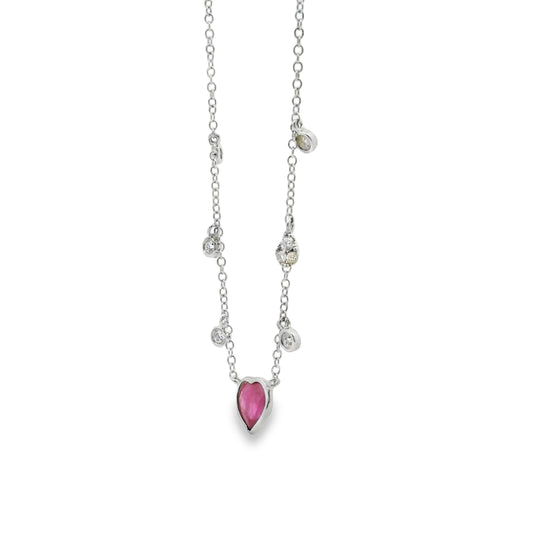 Meirat 14k White Gold With Ruby Heart Surrounded by Small Round Brilliant Diamonds Necklace