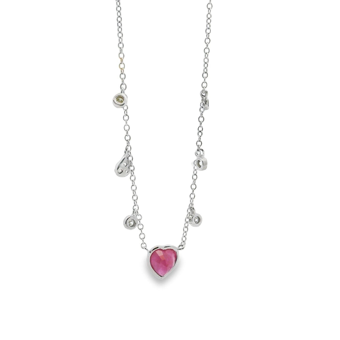 Meirat 14k White Gold With Ruby Heart Surrounded by Small Round Brilliant Diamonds Necklace