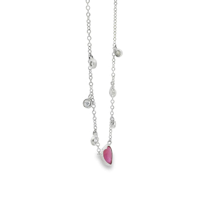 Meirat 14k White Gold With Ruby Heart Surrounded by Small Round Brilliant Diamonds Necklace