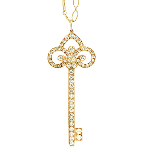 Tiffany &Co 18k Rose Gold Fleur de Lis Key 0.90ctw Diamond Pendant Necklace