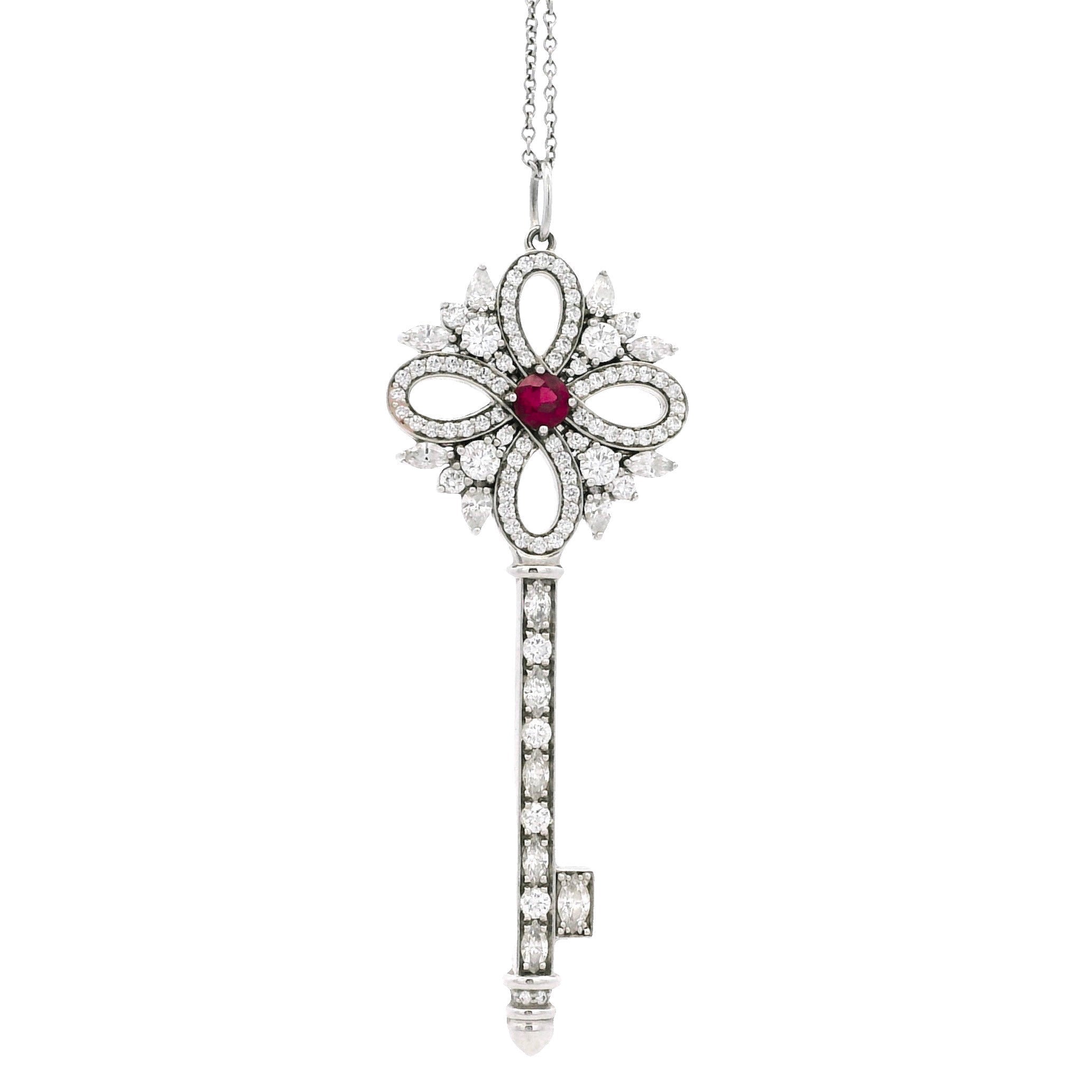 Tiffany &Co Victoria Key Platinum Diamond and Ruby Pendant Necklace