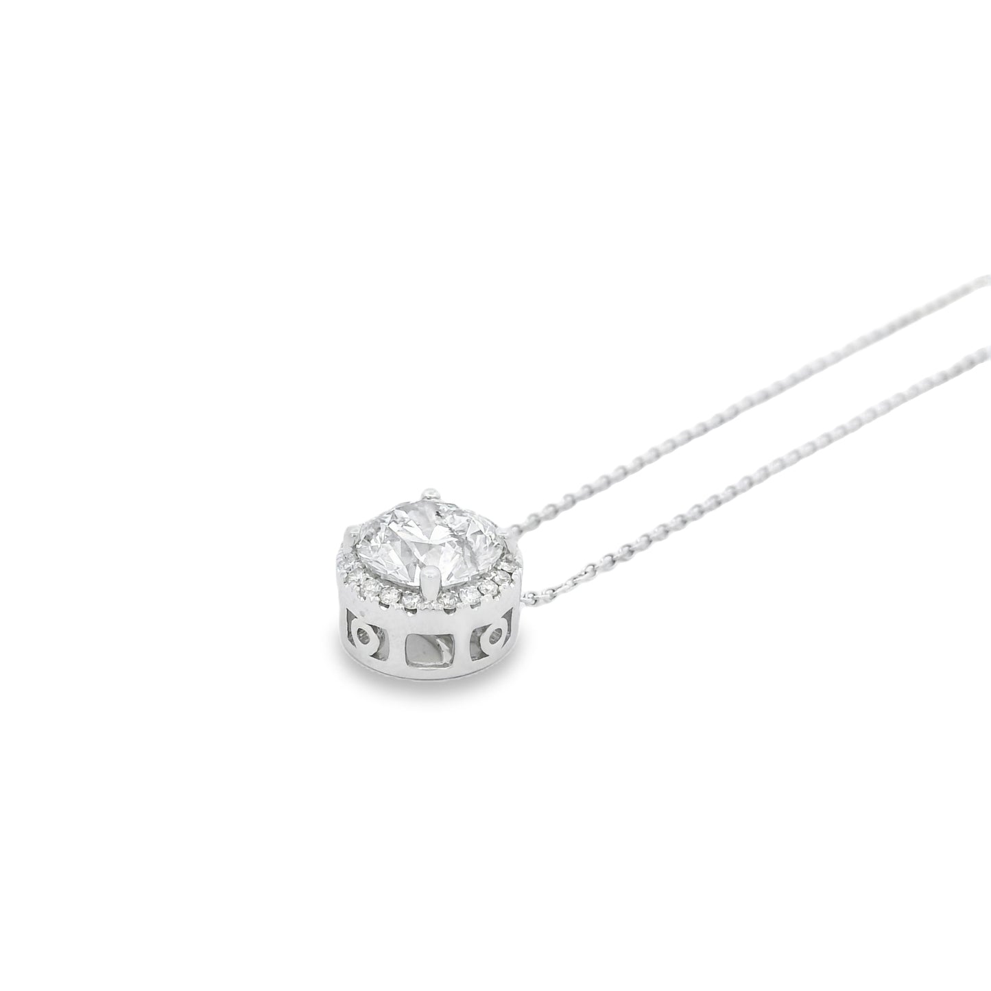 14k White Gold 2.01ctw Round Brilliant Diamond Halo Pendant Necklace