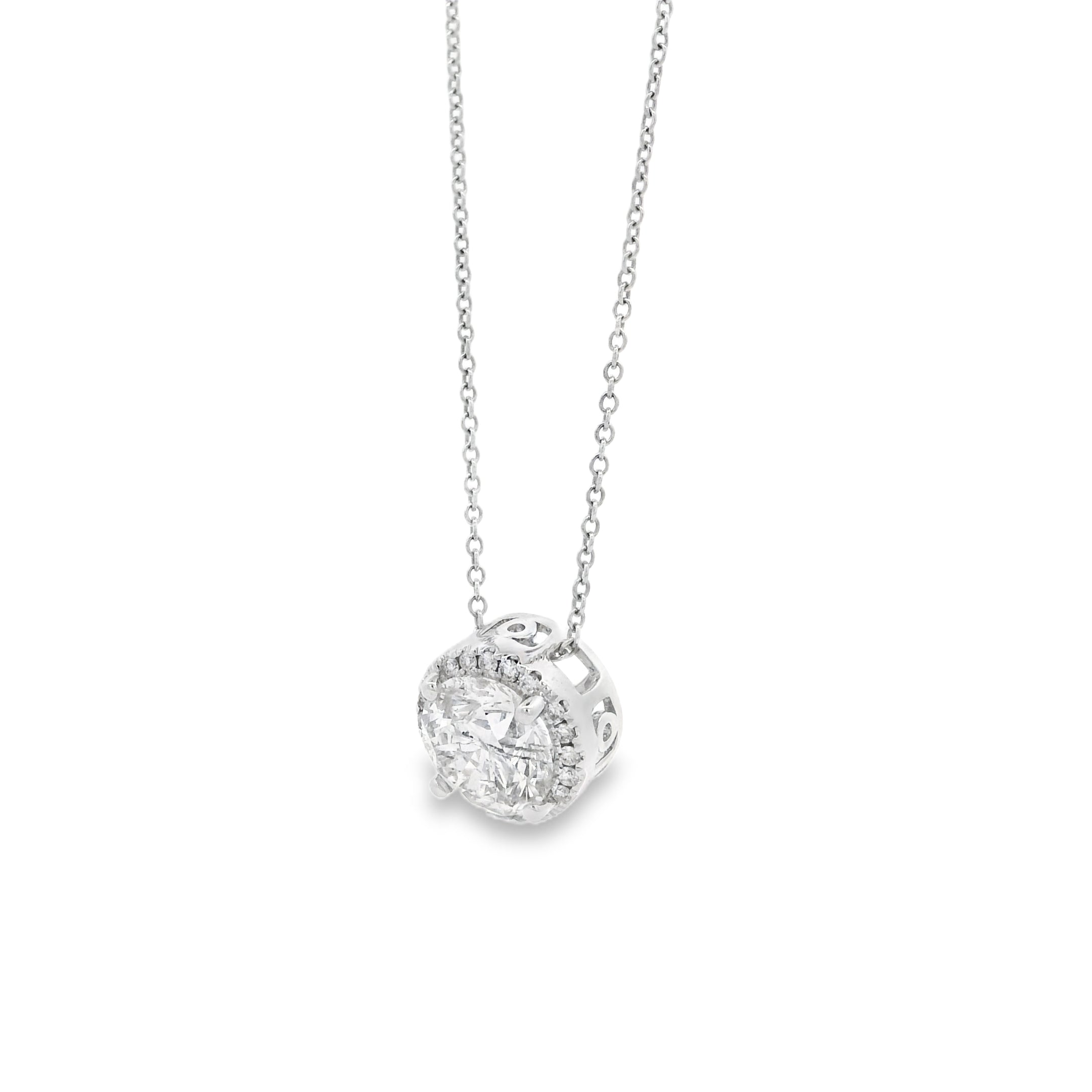 14k White Gold 2.01ctw Round Brilliant Diamond Halo Pendant Necklace