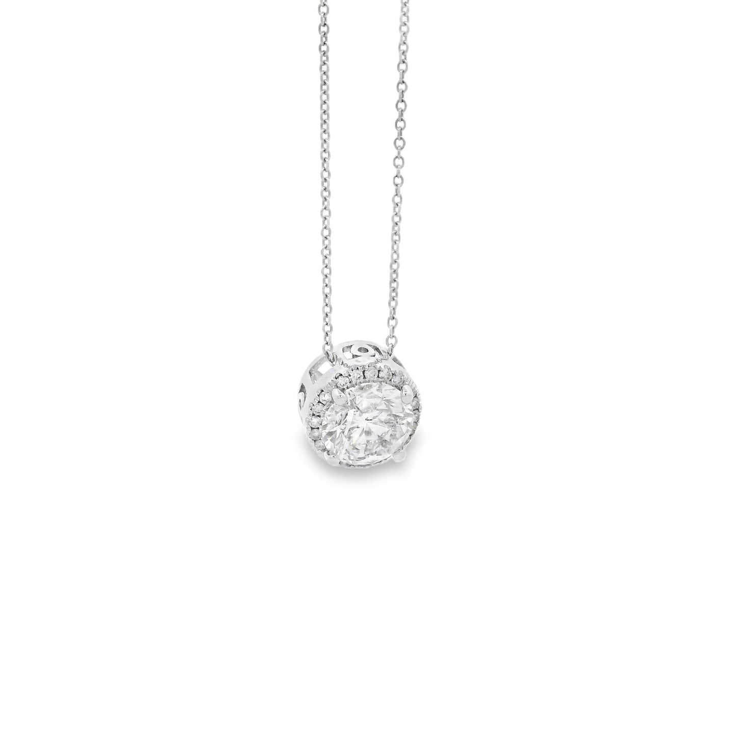 14k White Gold 2.01ctw Round Brilliant Diamond Halo Pendant Necklace