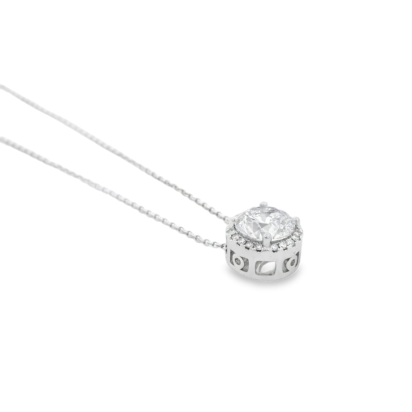 14k White Gold 2.01ctw Round Brilliant Diamond Halo Pendant Necklace