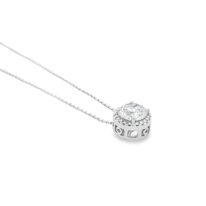 14k White Gold 2.01ctw Round Brilliant Diamond Halo Pendant Necklace
