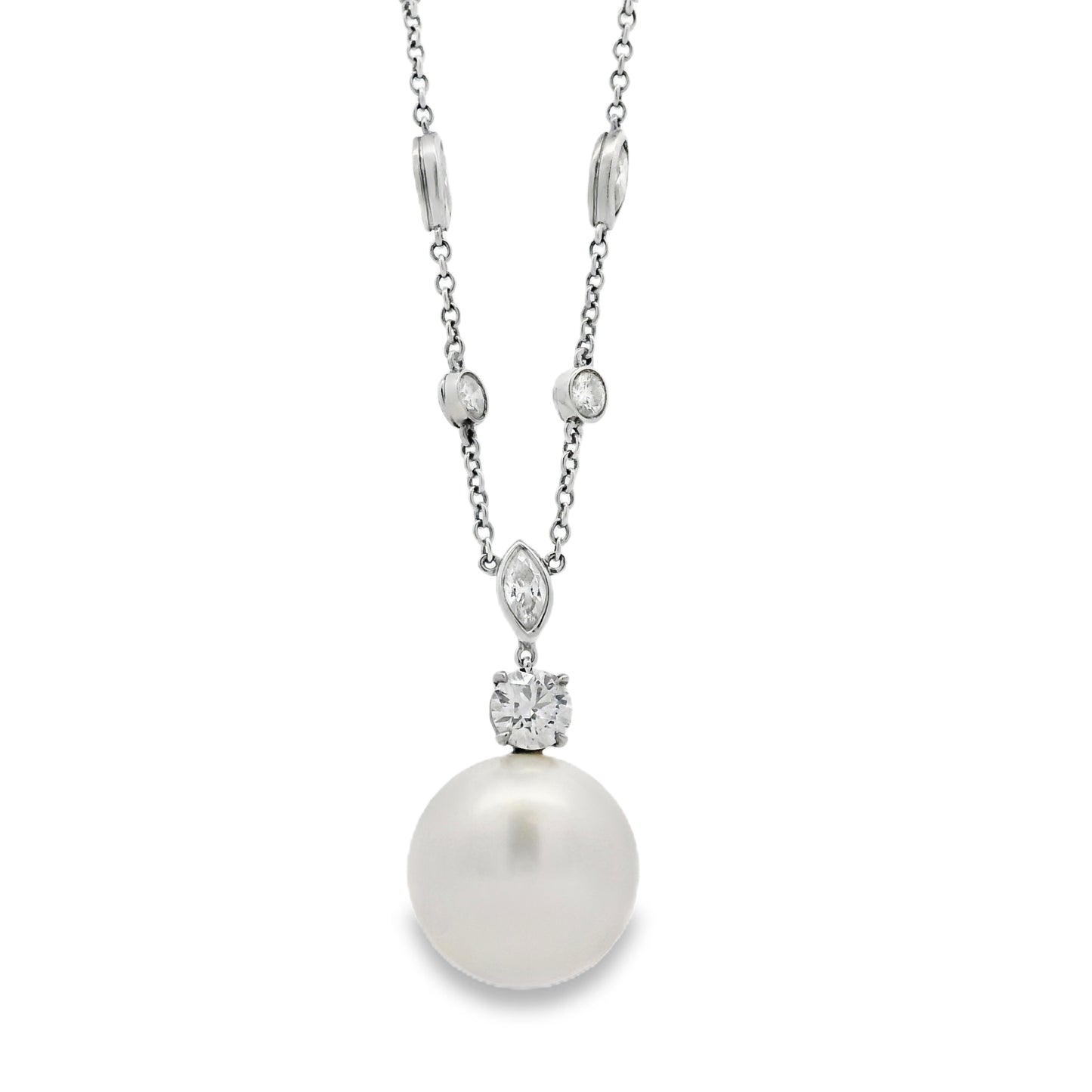 Tiffany &Co One Of A Kind Platinum Pearl Drop Earrings & Diamond By The Yard Necklace Set