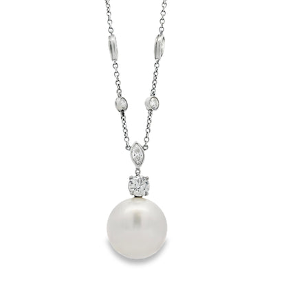 Tiffany &Co One Of A Kind Platinum Pearl Drop Earrings & Diamond By The Yard Necklace Set