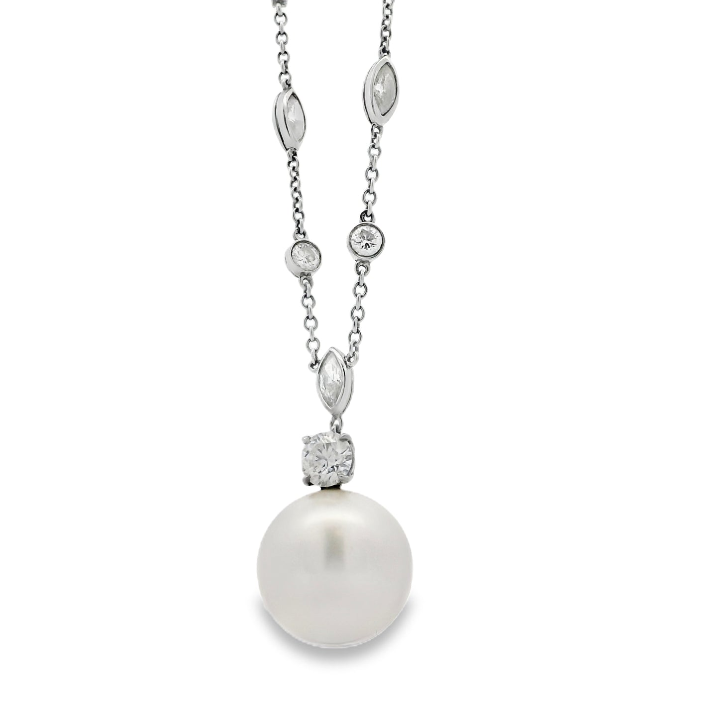 Tiffany &Co One Of A Kind Platinum Pearl Drop Earrings & Diamond By The Yard Necklace Set