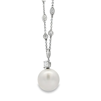 Tiffany &Co One Of A Kind Platinum Pearl Drop Earrings & Diamond By The Yard Necklace Set