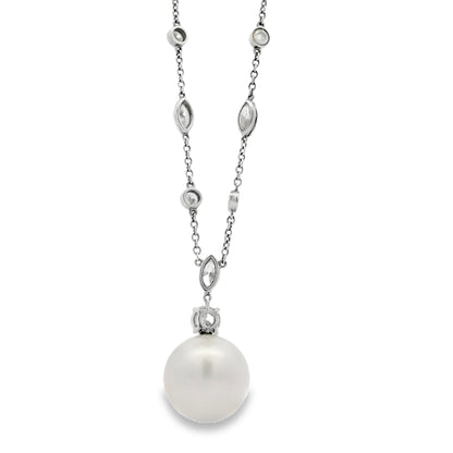 Tiffany &Co One Of A Kind Platinum Pearl Drop Earrings & Diamond By The Yard Necklace Set
