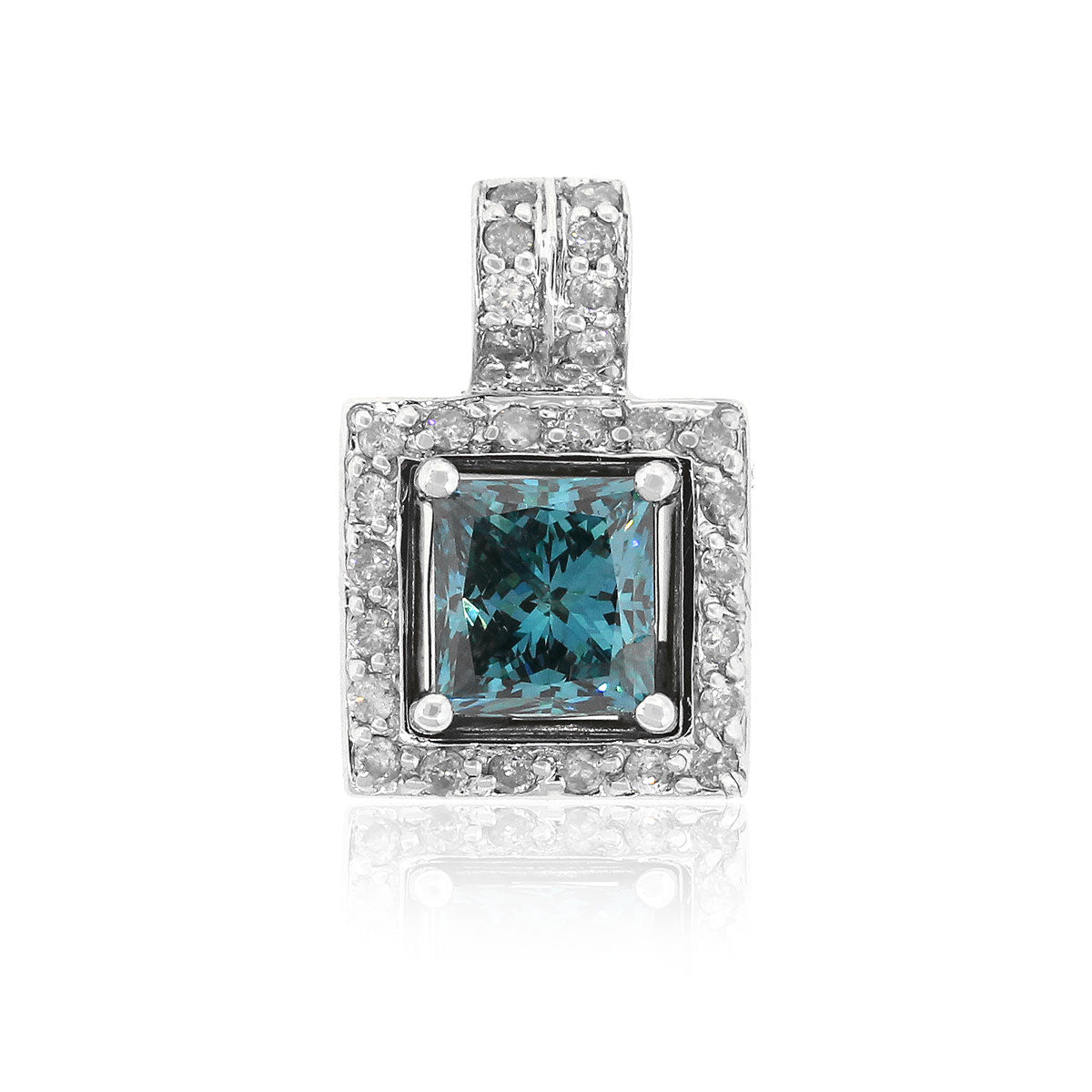 14k White Gold 1.51ct Irradiated Fancy Blue Princess Cut Diamond Pendant