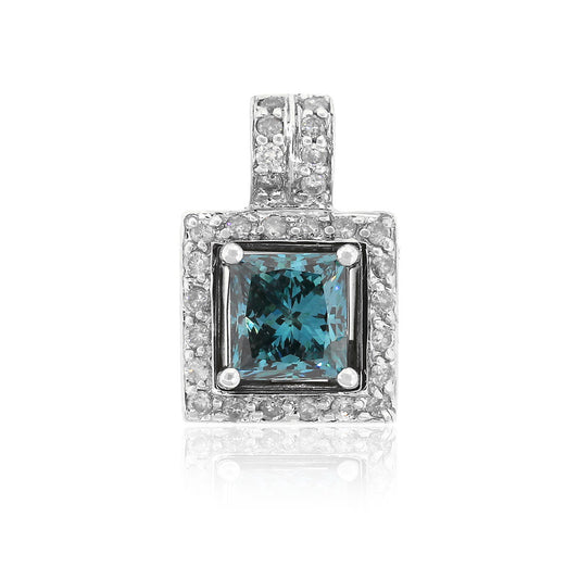 14k White Gold 1.51ct Irradiated Fancy Blue Princess Cut Diamond Pendant