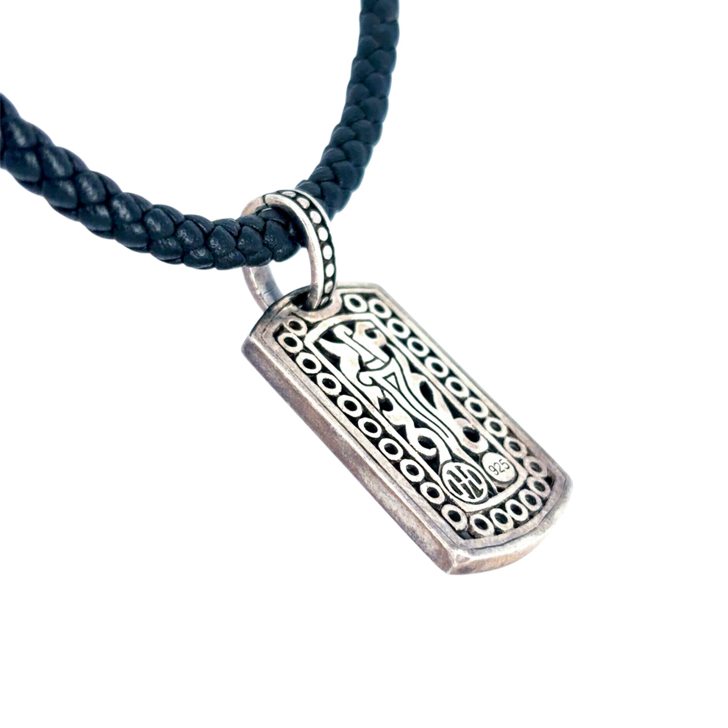 John Hardy Dayak Sterling Silver Small Dog Tag on Leather Necklace